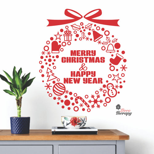 Merry Christmas & Happy New Year Wreath Wall Decal Decotherapy