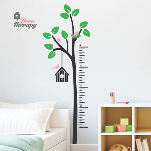 Height Chart Tree Birdhouse - Light Green Leaves Wall Sticker